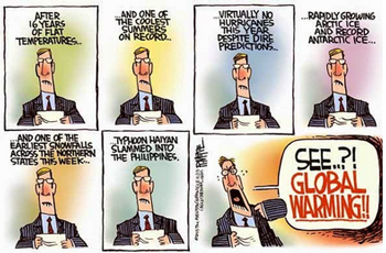 "The Media Research Institute recently analyzed broadcast network transcripts between July 1, 2004 and July 1, 2005, along with those between July 1, 2013 and July 1, 2014. What it discovered was the network coverage of “extreme weather” had increased nearly one thousand percent!" - FactNotFantasy  