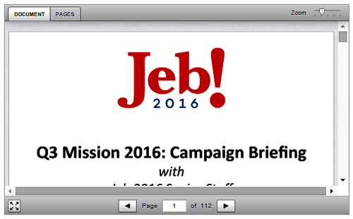 "After the confab, Bush's team distributed a 45-page PowerPoint presentation to select reporters, summarizing an optimistic view of the race, touting the Republican candidate's cash and organization, and assuring supporters that early polls are rarely indicative of ultimate success." - USNews   