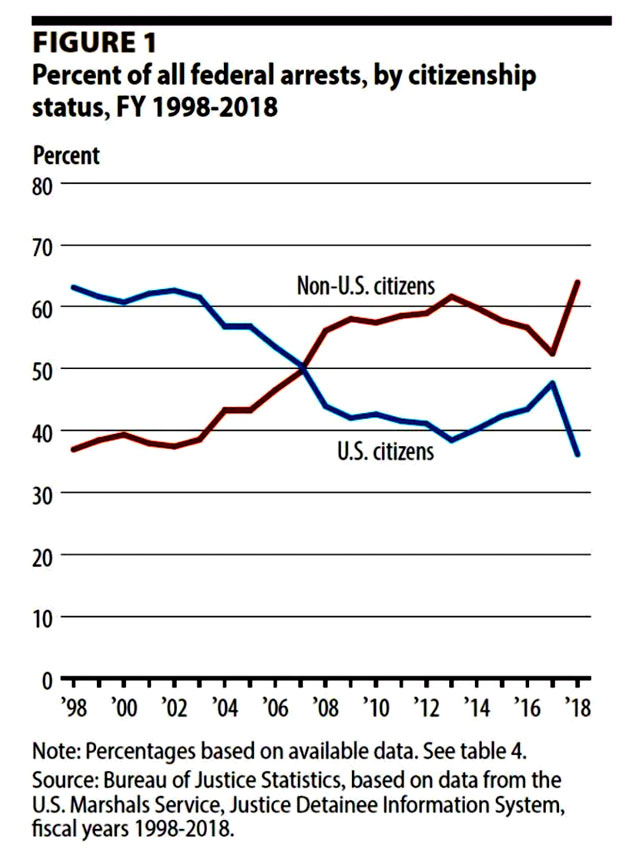 “The five crime types for which non-U.S. citizens were most likely to be prosecuted in U.S. district court in 2018 were illegal reentry (72 percent of prosecutions), drugs (13 percent of prosecutions), fraud (4.5 percent), alien smuggling (4 percent), and misuse of visas (2 percent).” - Clash Daily 