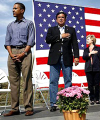 Obama, when asked about this picture said that flag pins and putting your hand over your heart had no meaning for love of country.  Really?  Then why during his campaign for president suddenly he had flags surround him on the stage, in his logo, and on his coat at every debate?  Liar, liar, pants on fire!  